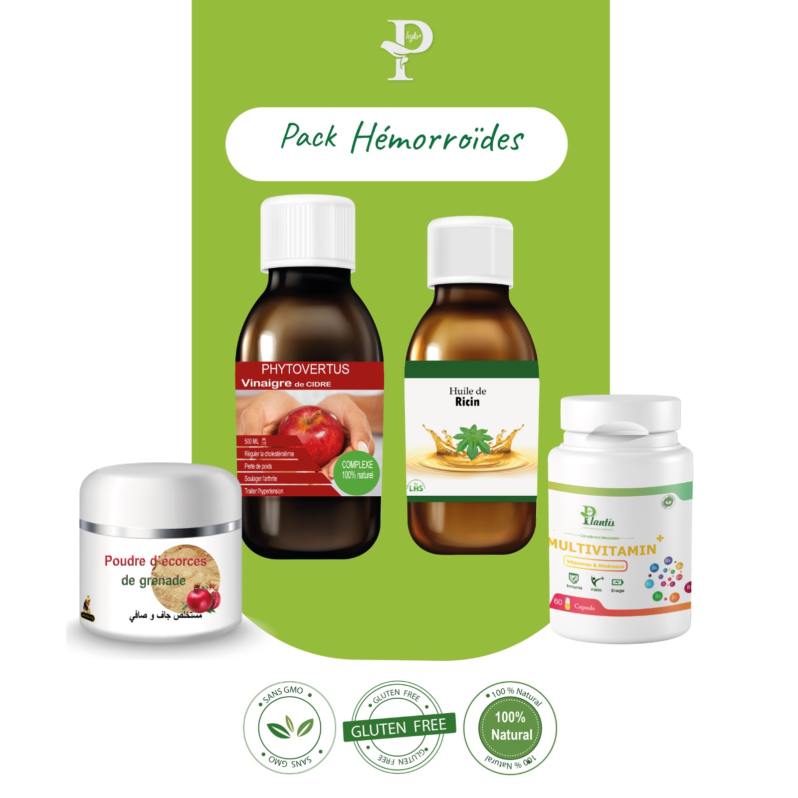 Pack Hémorroïdes, Multivitamin+, Huile de Ricin, Écorce de Grenade, Vinaigre de Cidre, Soulagement, Confort Anal, Phytoplantis