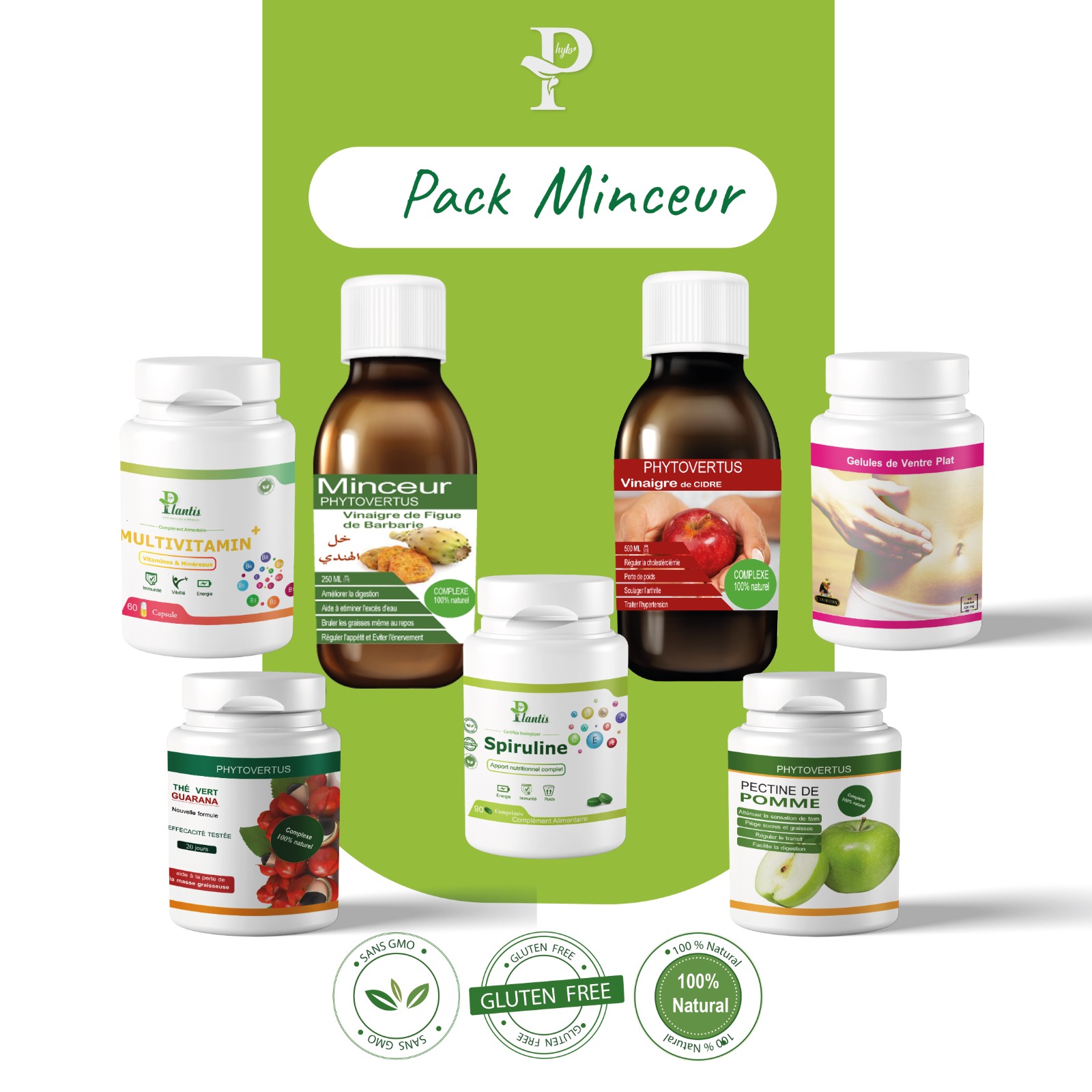 Pack Minceur, Vinaigre de Figue de Barbarie, Vinaigre de Cidre, Thé Vert Guarana, Pectine de Pomme, Spiruline, Multivitamin Plus, Ventre Plat, Combustion des Graisses, Métabolisme, Contrôle de l'Appétit, Phytoplantis