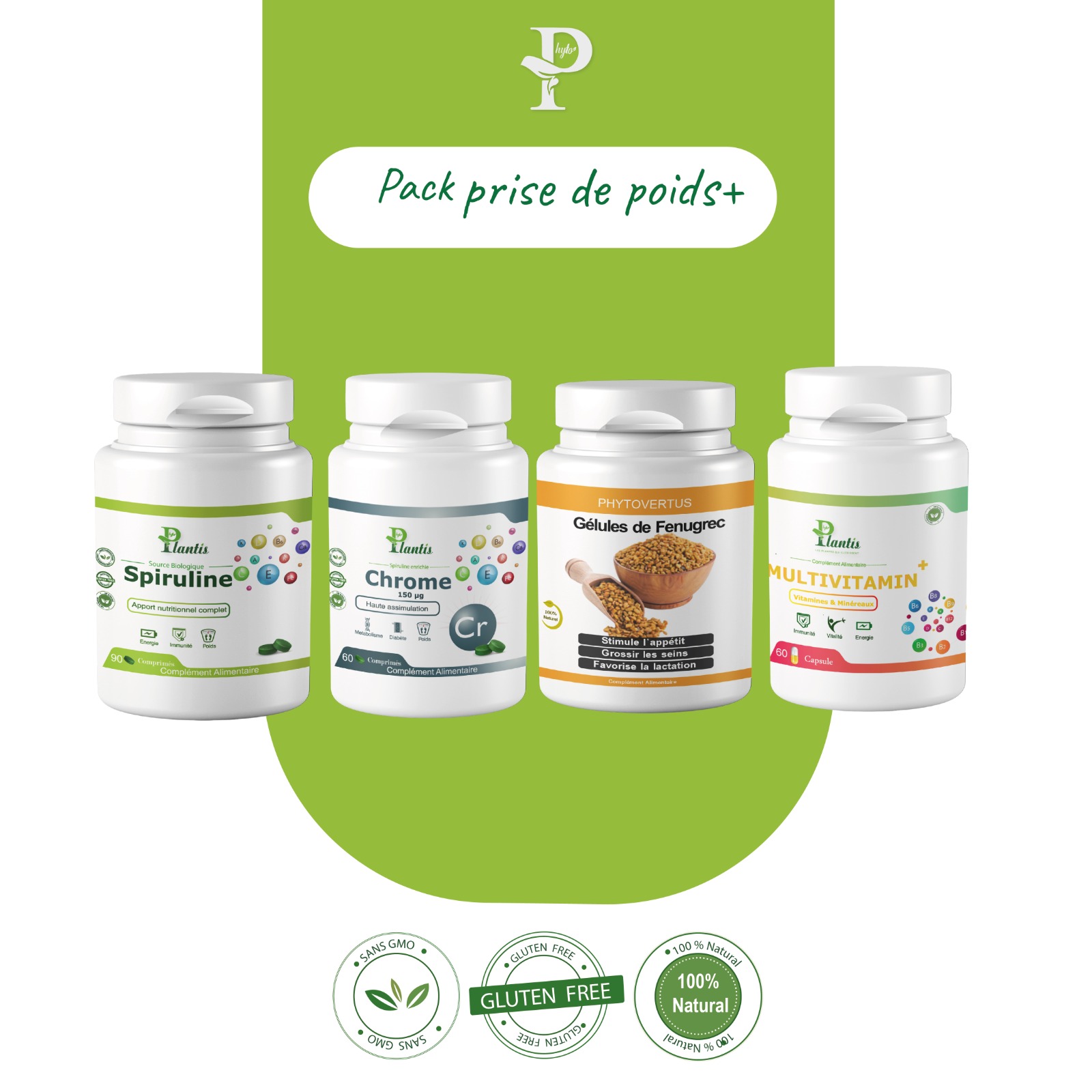 Pack Prise de Poids+, Multivitamin+, Spiruline, Fenugrec, Chrome 150 mcg, Prise de Poids Saine, Objectifs de Poids, Phytoplantis
