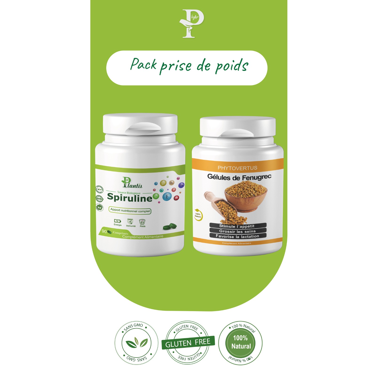 Pack Prise de Poids, Spiruline, Fenugrec, Objectifs de Poids, Prise de Poids Saine, Phytoplantis